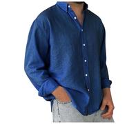 Caxndycing Chemise à manches longues pour homme - En coton et lin - Coupe ajustée - Coupe ajustée - Chemise de plage légère - Chemise d'affaires décontractée - Couleur unie, bleu, 3XL