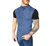 Caxndycing Chemise en jean à manches courtes pour homme - Coupe droite - Stretch - Légère - Tendance - Pour l'été - Décontractée - Décontractée - Style vintage - Western - Pour homme, bleu, M
