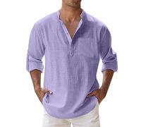 Caxndycing Chemise en lin à manches longues pour homme - Couleur unie - Printemps - Été - Poche avant - Coton - Boutonné - Haut ample - Coupe ajustée - Sans plis, lilas, M