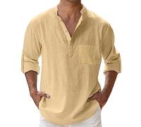 Caxndycing Chemise en lin à manches longues pour homme - Couleur unie - Printemps - Été - Poche avant - En coton - Boutonné - Coupe ajustée - Sans plis, kaki, M