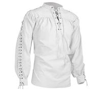 Caxndycing Chemise médiévale à lacets Viking Steampunk Cosplay Tops Homme Chemise en lin à manches longues Moyen Âge Halloween Haut Chemises Col montant Gothique Steampunk T-shirt, Blanc x 2, XXL