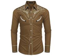 Caxndycing Chemise western à manches longues brodée pour homme - Imprimé cowboy - Chemises de style occidental - Mode traditionnelle brodée - Kaki - Chocolat - Petites chemises - Imprimé 3D - Chemise