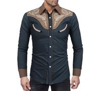 Caxndycing Chemise western à manches longues brodée pour homme - Imprimé cowboy - Chemises de style occidental - Mode traditionnelle brodée - Kaki - Chocolat - Petites chemises - Imprimé 3D - Chemise