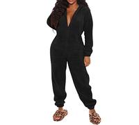 Caxndycing Combinaison en polaire pour femme - Combinaison longue en peluche - Combinaison confortable - Pyjama moelleux et douillet - Doux et chaud, Noir , 3XL