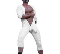 Caxndycing Combinaison pour homme - Body une pièce - Pour adulte - Couleur unie - Sous-vêtements thermiques stretch - Manches longues - Avec boutons, Blanc., XL