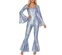 Caxndycing Combinaison sans manches brillante pour femme des années 70 - Costume hippie disco - Combinaison à paillettes avec col en V - Pour festival de musique, rave, fête du Nouvel An, bleu clair