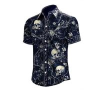 Caxndycing Costume d'Halloween pour homme - Motif tête de mort - Impression graphique - Chemise de festival - Vintage - Chemise à manches courtes - Streetwear - Y2K - Chemise de pêcheur - Chemise