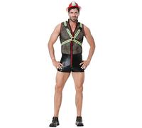 Caxndycing Costume d'Halloween pour homme - Tenue de pompier réfléchissante - Une pièce - Ensemble de lingerie sexy - Jeu de rôle - Uniforme de boîte de nuit, Noir , XL
