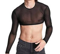 Caxndycing Crop Top transparent à manches longues en maille filet à lacets pour homme Perspective sexy Fanky T-shirt à manches longues léger et respirant Maillot de corps Haut à séchage rapide, Noir