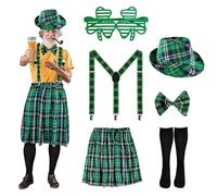 Caxndycing Ensemble écossais pour hommes à carreaux Kilt et Barrett Mini-jupe Bonnet Écossaise Lady Écosse Costume de St. Patricks Day Accessoires de fête Motif à carreaux irlandais Costumes de