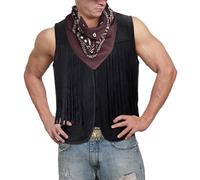 Caxndycing Gilet en daim pour homme Western Cowboy Débardeur à franges Gilet de costume décontracté Hippie Costume Veste en cuir sans manches Col en V Gilet à franges Open Edge Vaste Casual Leather