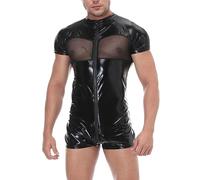 Caxndycing Maillot de corps pour homme avec fermeture éclair en cuir Ouvert Boxer Short Pantalon érotique Noir Combinaison Muscle Combinaison Transparent Lingerie Hommes Combinaison Latex Catsuit en
