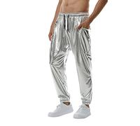 Caxndycing Pantalon disco métallique brillant pour homme, effet mouillé, pantalon droit, années 70/80, festival rave, cosplay, pantalon long avec cordon de serrage, Argent (Silver), M