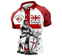 Caxndycing Polo pour homme Union Jack Patriotique Britannique avec patch drapeau brodé avec col contrasté et boutonnière T-shirt sportif et élégant, rouge, XL