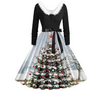 Caxndycing Robe de Noël élégante pour femme - Manches longues - Avec motifs de Noël - Hepburn funky Hepburn - Robe de Noël - Ligne A - Vintage - Robe de soirée - Robe de cocktail, Blanc., L