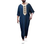 Caxndycing Robe musulmane du Moyen-Orient pour homme - Robe arabe saoudite - Col brodé - Caftan de prière - Thobe - Robe marocaine islamique, bleu foncé, XL