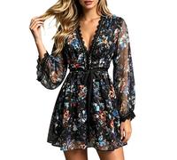 Caxndycing Robe portefeuille à manches longues pour femme - Robe de soirée courte élégante - Robe de cocktail en maille - Robe de Nouvel An - Robe trapèze - Col en V - Robe de fête - Robe de fête en