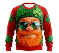 Caxndycing St. Pattys Day Sweat-shirt pour homme sans capuche Pull avec imprimé trèfle porte-bonheur Vert T-shirt à manches longues Col rond Manches longues T-shirt irlandais Ugly Motif sport, rouge