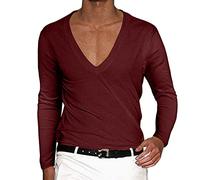Caxndycing T-shirt à manches longues pour homme avec col en V profond - Couleur unie - Col en V profond - Coupe ajustée - Stretch - Pull pour homme - Col en V, Bordeaux, M