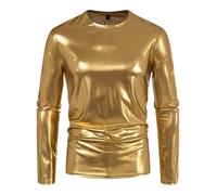 Caxndycing T-shirt pour homme brillant métallisé - Pull slim à manches longues - Tendance - Réfléchissant - Style mouillé - Tunique - Pour clubwear - Col en V - T-shirt de fête, or, XXL
