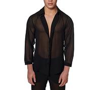 Caxndycing T-shirt sexy transparent pour homme - Chemise en maille filet extensible - Manches longues - Vêtement de charme - Style boîte de nuit - Chemise en maille transparente, Noir , 3XL