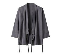 Caxndycing Veste kimono pour homme - Couleur unie - Manches 3/4 - Couleur unie - Léger - Pour l'été - Rétro - Japon - Happi - Kimono Haori - Broderie - Veste mi-saison - Manteau ouvert, gris, XXXXXXL
