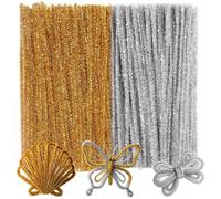 Caydo Lot de 200 cure-pipes à paillettes dorées et argentées, tiges épaisses et moelleuses, nettoyeur de tuyaux pour loisirs créatifs, parfait pour la fabrication d'animaux, de fleurs et de