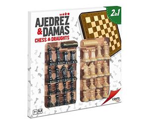 Cayro - Échecs et Dames - + 5 Ans - Plateau en Bois - Jeu de Société Double Classique - Enfants et Adultes - avec 48 pièces en 2 Couleurs - pour 2 Joueurs