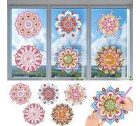 CAYUDEN 5D Diamond Painting Autocollants Fenêtre, 6pcs Motif Mandala Diamant Peinture Kit, Fenêtre Attrape-soleil Réutilisables Forme Fleurs Peinture Décoration Cadeaux Pour Enfants 6-12 Adultes