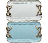 Cayway 2 PCS Plateau Décoratif Vintage, Plateau Décoratif Vintage, Noeud Papillon en Résine pour Plateau à Serviettes, Plateau à Fruits, Porte-Boucles d'oreilles, Blanc et Bleu