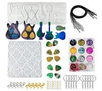Cayway 33 PCS Silicone Moule pour Bijoux, 2 PCS Médiators de Guitare Moules en Résine Epoxy avec Paillettes, Boucle de Pendentif, Corde de Cire Noire pour Collier Bricolage, Porte-clés