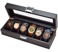 CAZARU Grande vitrine de Montre pour Homme - 6 emplacements en Fibre de Carbone Boîtes de Rangement pour Bijoux Collections Vitrine Organisateur Plateau en Verre, Boucle en métal verrouillable