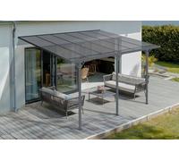 CAZEBOO Carport Pergola Adossée Aluminium KLEO 374x300 cm 3,7x3 m 12 m² Gris Anthracite Design Moderne Protection Terrasse Véhicule Anti-UV Résistant Haute Qualité Toit Polycarbonate UV30+