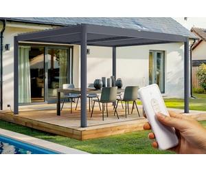 Cazeboo Pergola Aluminium Bioclimatique Motorisée 4x3 m Santa - Autoportée - Lames Orientables Acier - Commande à Distance - Gris Anthracite
