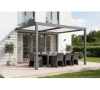Cazeboo Pergola bioclimatique 4x3m adossée AGOSTA Aluminium Gris Lames Blanches avec Stores rétractables côté 4m