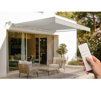 Cazeboo Store banne motorisé 4x3m Semi-Coffre - Toile Beige 320g/m² UV50+ - Structure Aluminium Blanc - Capteur Vent Inclus - Inclinaison 30°-100° - Télécommande