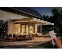 Cazeboo Store banne motorisé à LED Structure Blanche FAZZIO 5x3m Toile Beige et Fixations Plafond