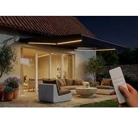 Cazeboo Store Banne Motorisé FAZZIO 4 m x 3 m 12 m² Gris Toile 320 g/m² LED Intégrées Terrasse Jardin Protection UV50+ Inclinaison Réglable Capteur Vent Automatique Semi Coffre Résistant