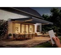 Cazeboo Store Banne Motorisé FAZZIO 495 x 300 cm 5 m 15 m² Gris Anthracite Aluminium LED Intégrées Terrasse Balcon Électrique Confort Automatique Capteur Vent Toile 320 g/m² Inclinaison 30-100°