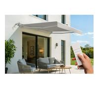 Cazeboo Store banne motorisé 3x2,5m Semi-Coffre Blanc - Toile Beige 320g/m² UV50+ - 7,5 m² ombrage terrasse Balcon - Capteur Vent Inclus - Structure Aluminium - Télécommande
