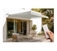 Cazeboo Store banne motorisé 4x3m Semi-Coffre - Toile Beige 320g/m² UV50+ - Structure Aluminium Blanc - Capteur Vent Inclus - Inclinaison 30°-100° - Télécommande