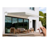Cazeboo Store banne motorisé 5x3m Semi-Coffre - Toile Beige 320g/m² UV50+ - Structure Aluminium Blanc - Capteur Vent Inclus - 15 m² ombrage terrasse - Télécommande
