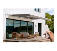 Cazeboo Store banne motorisé 5x3m Semi-Coffre Blanc Toile Taupe 320g/m² UV50+ - 15 m² ombrage terrasse Jardin - Capteur Vent Inclus - Structure Aluminium Robuste - Télécommande fournie
