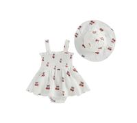 Caziffer 2 Pièces Ensemble Bébé Fille Eté Robe Barboteuse à Bretelles Col Carré Florale en Coton avec Chapeau de Soleil Tenue pour Bébé Fille Chic 0 à 18 Mois (Blanc, 3-6 Months)