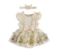 Caziffer 2Pcs Ensemble Bébé Fille Été, Robe Barboteuse à Manches Volantes, Fleur Brodée, Tulle Patchwork, 3D Papillon Décor, avec Bandeau, Tenue pour Bébé Fille Chic, 0-18 Mois (Abricot, 0-3 Months)