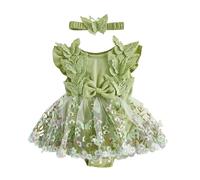 Caziffer 2Pcs Ensemble Bébé Fille Été, Robe Barboteuse à Manches Volantes, Fleur Brodée, Tulle Patchwork, 3D Papillon Décor, avec Bandeau, Tenue pour Bébé Fille Chic, 0-18 Mois (Vert, 0-3 Months)