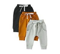 Caziffer 3Pcs Pantalon Bébé Garçon Pantalon Décontracté à Couleur Unie Pants Confortable avec Poches pour Petit Garçon 0 Mois-3 Ans Automne Hiver (Noir Marron Gris, 18-24 Mois)