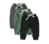 Caziffer 3Pcs Pantalon Bébé Garçon Pantalon Décontracté à Couleur Unie Pants Confortable avec Poches pour Petit Garçon 0 Mois-3 Ans Automne Hiver (Noir Vert Gris foncé, 6-12 Mois)