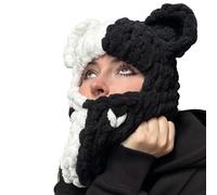 Caziffer Balaclava à 1 Trou de Visage Tricoté Cagoule Balaclava avec Oreilles de Lapin Masque de Ski Tricoté Thermique pour Femme Hiver Halloween Noël (Blanc Noir, One Size)