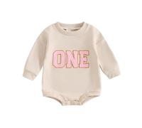 Caziffer Barboteuse Sweat Anniversaire Garçon Fille One/Two/Three/Four Sweatshirt Barboteuse pour Bébé Unisexe à Manche Longue Col Rond Automne Printemps (Beige One, 12-18 Mois)